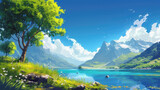 Beautiful Charm Illustration of a Scenery with a Lovely Lake
