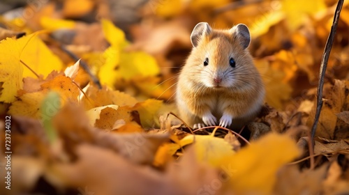 A cute pika surrounded by the warm hues of autumn leaves, resting on a bed of lush green grass, portrayed in a lifelike photographic medium