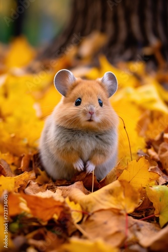 A cute pika surrounded by the warm hues of autumn leaves  resting on a bed of lush green grass  portrayed in a lifelike photographic medium