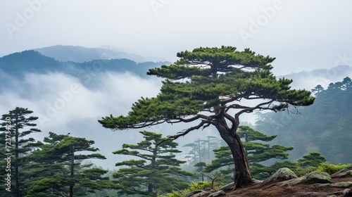 A lone pine tree standing tall amidst mist on a mountain peak, with raindrops glistening in the sunlight