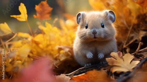 An adorable fluffy pika nestled amidst vibrant autumn foliage with a grassy mound nearby  captured in a realistic photographic style