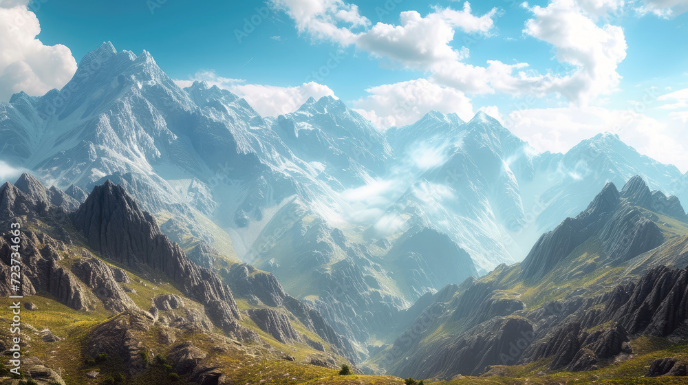 Fototapeta premium View of the mountains on a sunny day with clouds surrounding the mountains