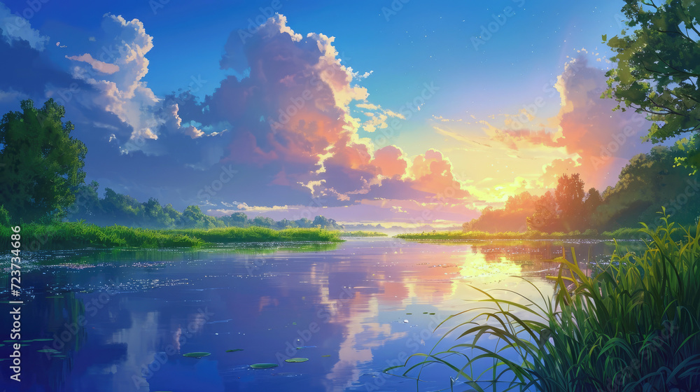 Radiant Sunshine and the Beauty of a Lake in a Picturesque Landscape Illustration