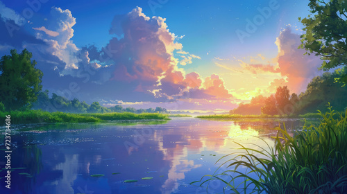 Radiant Sunshine and the Beauty of a Lake in a Picturesque Landscape Illustration