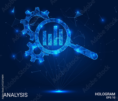 Hologram analysis. Analysis of polygons, triangles of points and lines. The magnifier gears are a low-poly joint structure. Technology concept vector.