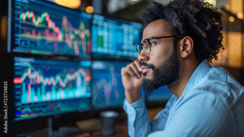 A side view of a trader analyst at the desktop, analyzing financial chart, stock quotes, share prices, trading online, checking data on cryptocurrency graph on computer screen, making notes photo
