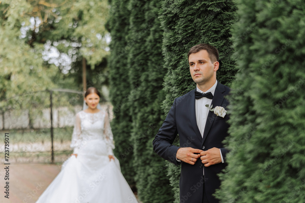 The bride is dressed in an elegant lush white wedding dress with a long veil and is ready for her groom. The first meeting of the bride and groom The bride is dressed in an elegant lush white wedding dress with a long veil and is ready for her groom. The first meeting of the bride and groom