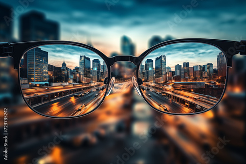 Urban Vision: Bright Cityscape Through Eyeglasses. Generative ai