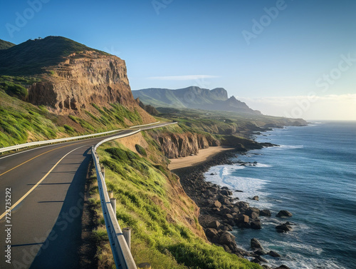 A breathtaking coastal road winds alongside the sparkling ocean waters, offering mesmerizing views.