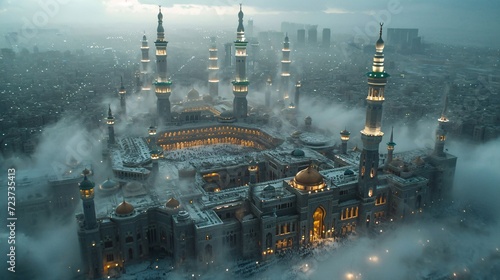 Foggy Night at the Grand Mosque  A Glimpse of the Monthly Ramadan Celebration Generative AI