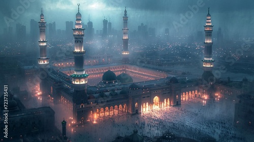 Illuminated Mosque: A Glowing Cityscape in the Dark Generative AI