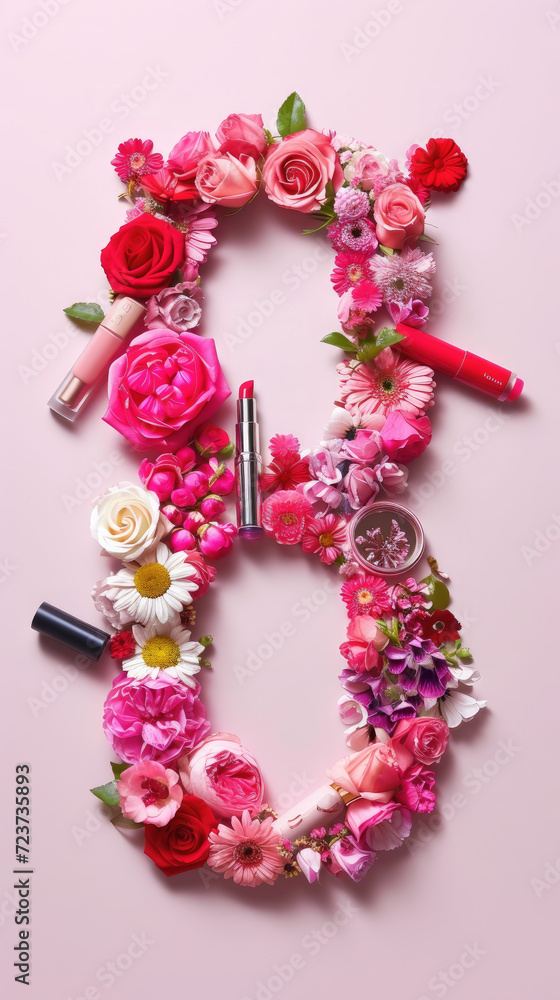 number eight made from cosmetics and flowers, international women's day, March 8, lipstick, perfume, eye shadow, blush, postcard, shape, symbol, gift, holiday, congratulation, girl, red, beauty