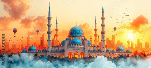 Floating Clouds Over the Blue Mosque: A Stunning View of the Monthly Full Moon Generative AI