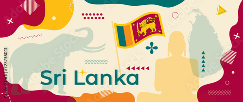 Sri Lanka National Day banner with Sri Lankan flag and silhouettes of country map, Golden Buddha statue and elephant. Abstract geometric holiday design with minimalist shapes and memphis elements