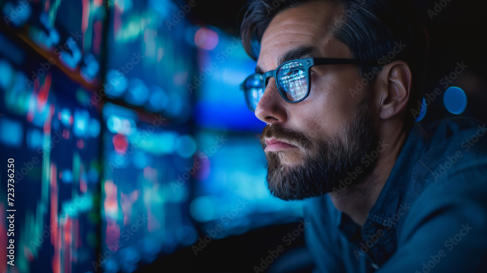 A side view of a trader analyst at the desktop, analyzing financial chart, stock quotes, share prices, trading online, checking data on cryptocurrency graph on computer screen, making notes A side view of a trader analyst at the desktop, analyzing financial chart, stock quotes, share prices, trading online, checking data on cryptocurrency graph on computer screen, making notes