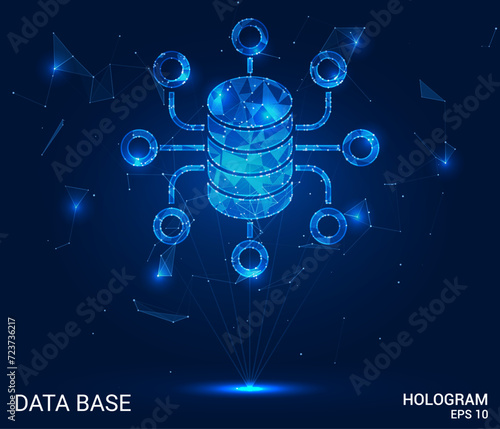 Hologram database. The big date consists of polygons, triangles of points and lines. The database is a low-poly compound structure. Technology concept vector.