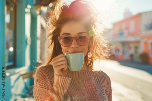 Sunny Morning Bliss: Joyful Woman Enjoying a Warm Cup of Coffee Outdoors