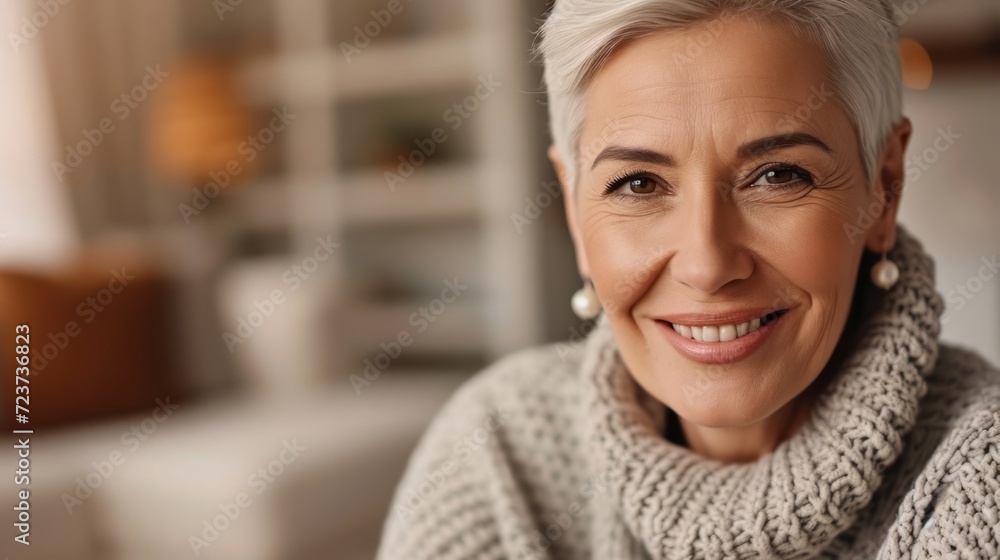 Elegant Senior Woman with Radiant Smile in Cozy Home Setting Elegant Senior Woman with Radiant Smile in Cozy Home Setting