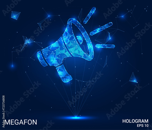 A megaphone hologram. A megaphone of polygons, triangles of dots and lines. Megafon is a low-poly compound structure. Technology concept vector.