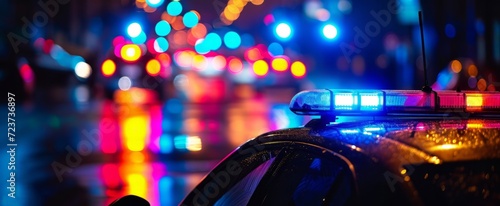 Vibrant Nighttime Cityscape with Police Car Lights Illuminating a Rain-soaked Street Amidst Colorful Bokeh Background photo