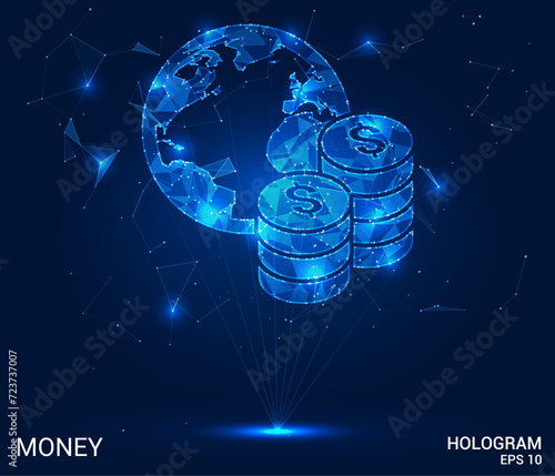 The hologram is money. Coins and a planet made of polygons, triangles of dots and lines. Money is a low-poly compound structure. Technology concept vector.