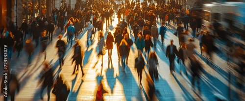 Bustling City Life: A Panoramic View of Urban Movement as Commuters Traverse the Busy Streets at Sunset