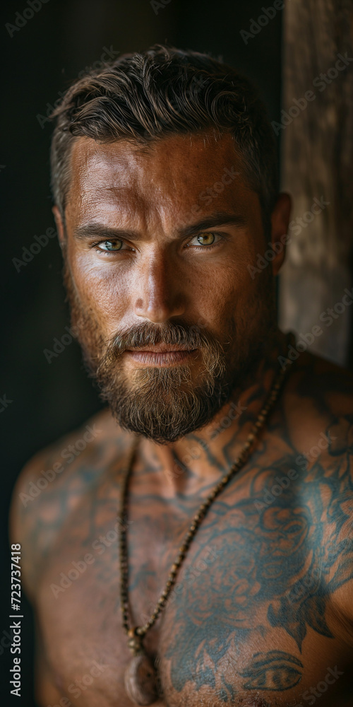 Sexy Mann mit Bart mit nackten Oberkörper und Tattoo im dunklen Licht Porträt Sexy Mann mit Bart mit nackten Oberkörper und Tattoo im dunklen Licht Porträt