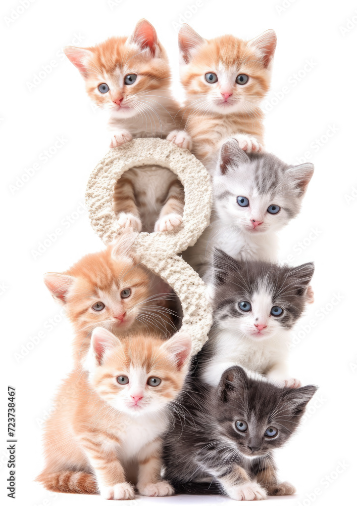 number eight made from little cute kittens, March 8, international women's day, holiday, card, pet, design, gift, congratulation, celebration, furries, cats