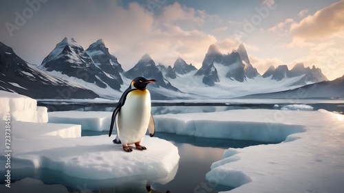  gentoo penguins standing on ice floe beautiful view