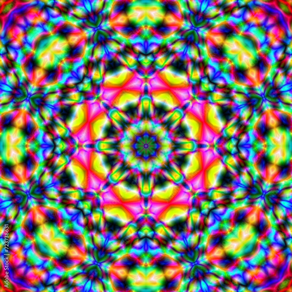 Infinite, intricate patterns of light creating a mesmerizing kaleidoscope of color and form. Colorful Shiny and Hypnotic Kaleidoscope. Abstract decorative vintage texture. Infinite, intricate patterns of light creating a mesmerizing kaleidoscope of color and form. Colorful Shiny and Hypnotic Kaleidoscope. Abstract decorative vintage texture.