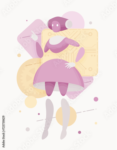 Embodied AI nanny talking, baby monitoring caregiver female abstract figure, robotic childcare, household help assistant, artificial intelligence body, minimalistic vector illustration, circuit board