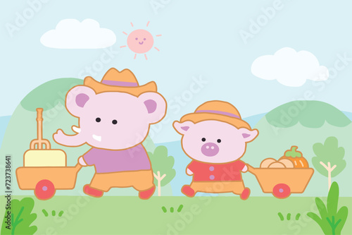 Little pig and friend go to harvest at the garden cartoon style. © Disarapond