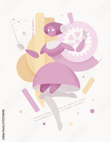 Embodied AI nanny magic, baby monitoring caregiver female abstract figure, robotic childcare, household help assistant, artificial intelligence body, minimalistic vector illustration, circuit board