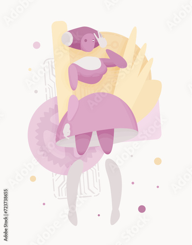 Embodied AI nanny posing, baby monitoring caregiver female abstract figure, robotic childcare, household help assistant, artificial intelligence body, minimalistic vector illustration, circuit board