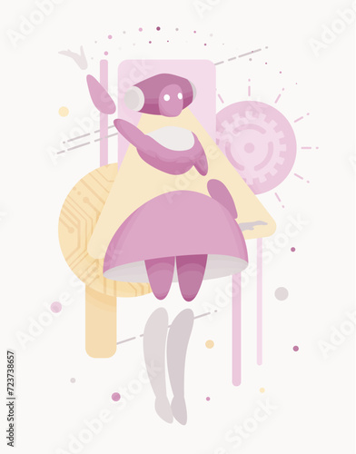 Embodied AI nanny posing, baby monitoring caregiver female abstract figure, robotic childcare, household help assistant, artificial intelligence body, minimalistic vector illustration, circuit board
