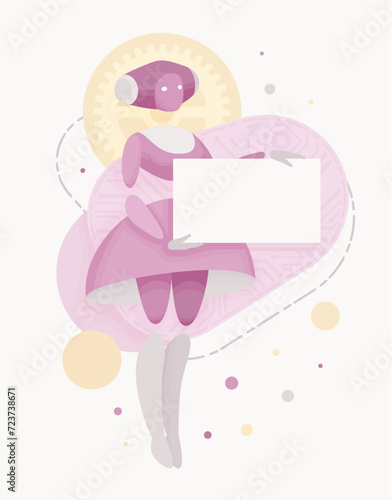 Embodied AI nanny banner, baby monitoring caregiver female abstract figure, robotic childcare, household help assistant, artificial intelligence body, minimalistic vector illustration, circuit board