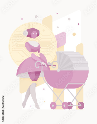 Embodied AI nanny with pram, baby monitoring caregiver female abstract figure, robotic childcare, household help assistant, artificial intelligence body, minimalistic vector illustration circuit board