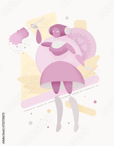 Embodied AI nanny dusting, baby monitoring caregiver female abstract figure, robotic childcare, household help assistant, artificial intelligence body, minimalistic vector illustration circuit board