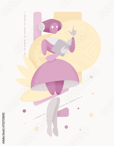 Embodied AI nanny with book, baby monitoring caregiver female abstract figure, robotic childcare, household help assistant, artificial intelligence body, minimalistic vector illustration circuit board