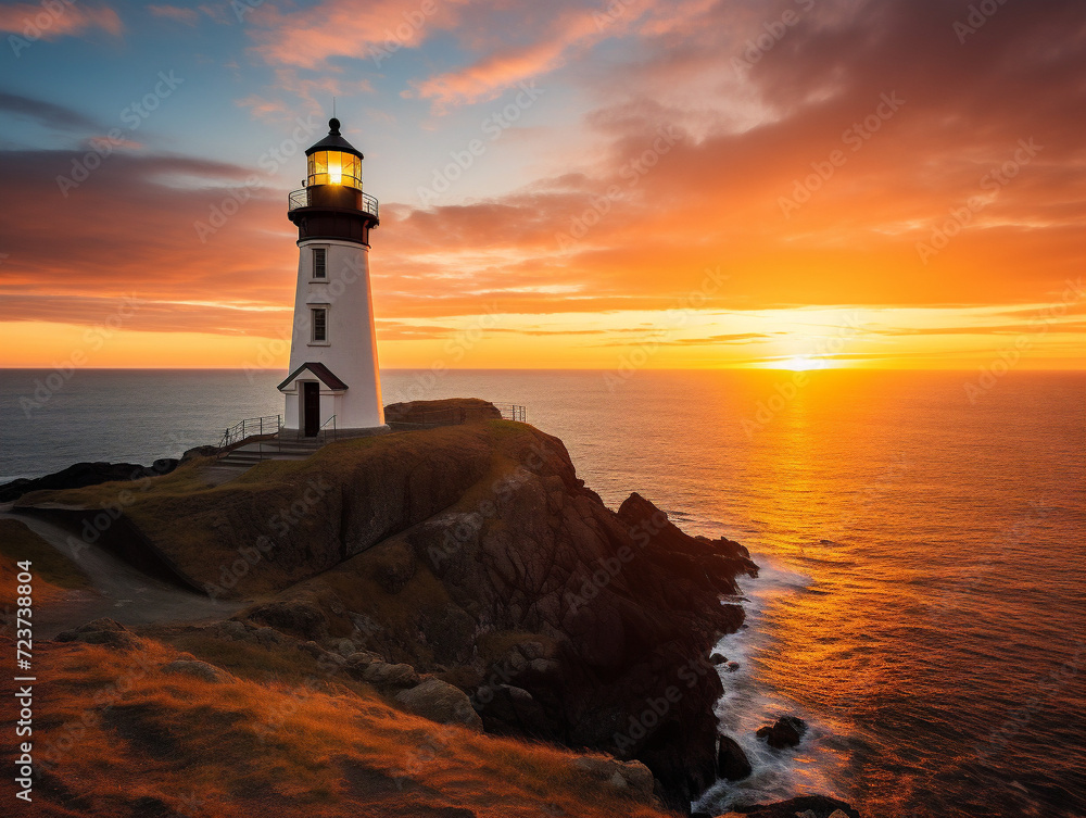 A tranquil sunset scene with a lighthouse gracefully watching over the ocean's tranquility.