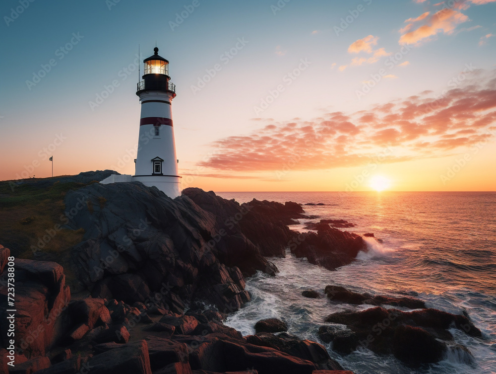 A peaceful lighthouse stands tall, observing the majestic sunset over the tranquil ocean waves.