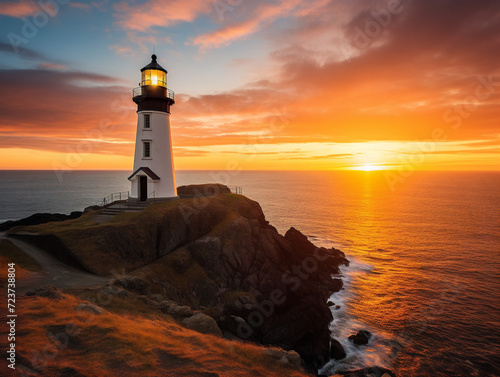 A tranquil sunset scene with a lighthouse gracefully watching over the ocean's tranquility.