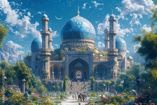 Arabian Nights: A Dreamy Walk Through a Blue-Tiled Paradise Generative AI