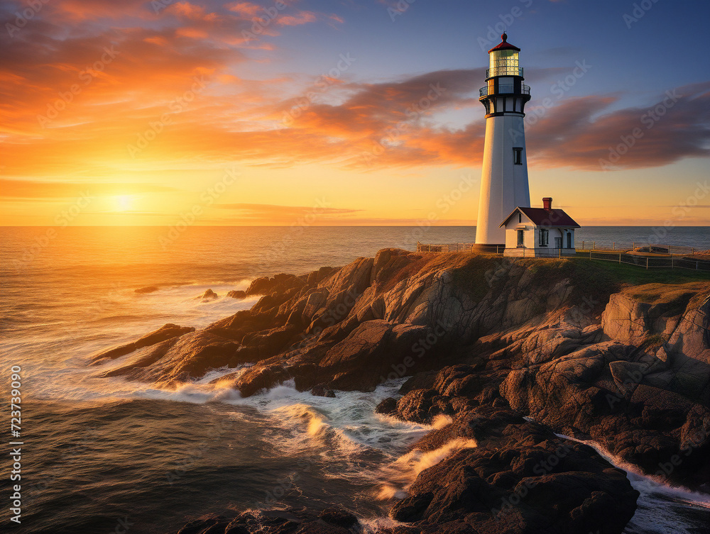 A peaceful lighthouse standing tall, bathed in warm sunset hues, overlooking the vast shimmering ocean.