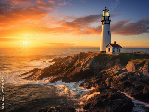 A peaceful lighthouse standing tall  bathed in warm sunset hues  overlooking the vast shimmering ocean.