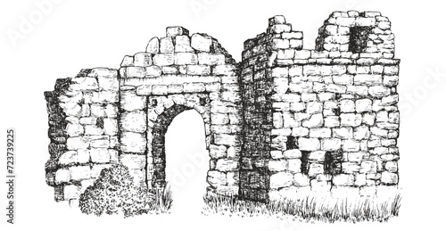 Hand draw ruins old building or ancient castle isolated on white background. Vector illustration in monochrome vintage style. Architecture sketch.