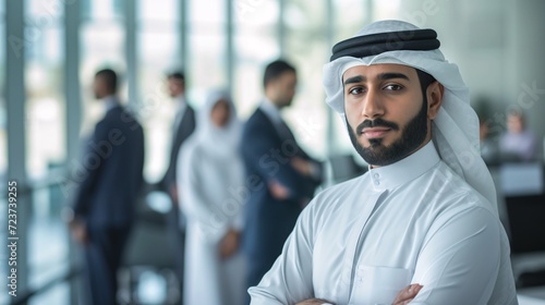Middle Eastern businessman in traditional attire observing colleagues in professional setting, representing ideal for regional entrepreneurship.