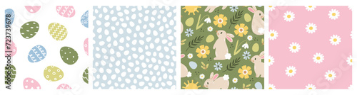 Set of seamless pattern with rabbit, flowers, eggs. Vector flat illustration for wallpapers, wrapping, textiles.