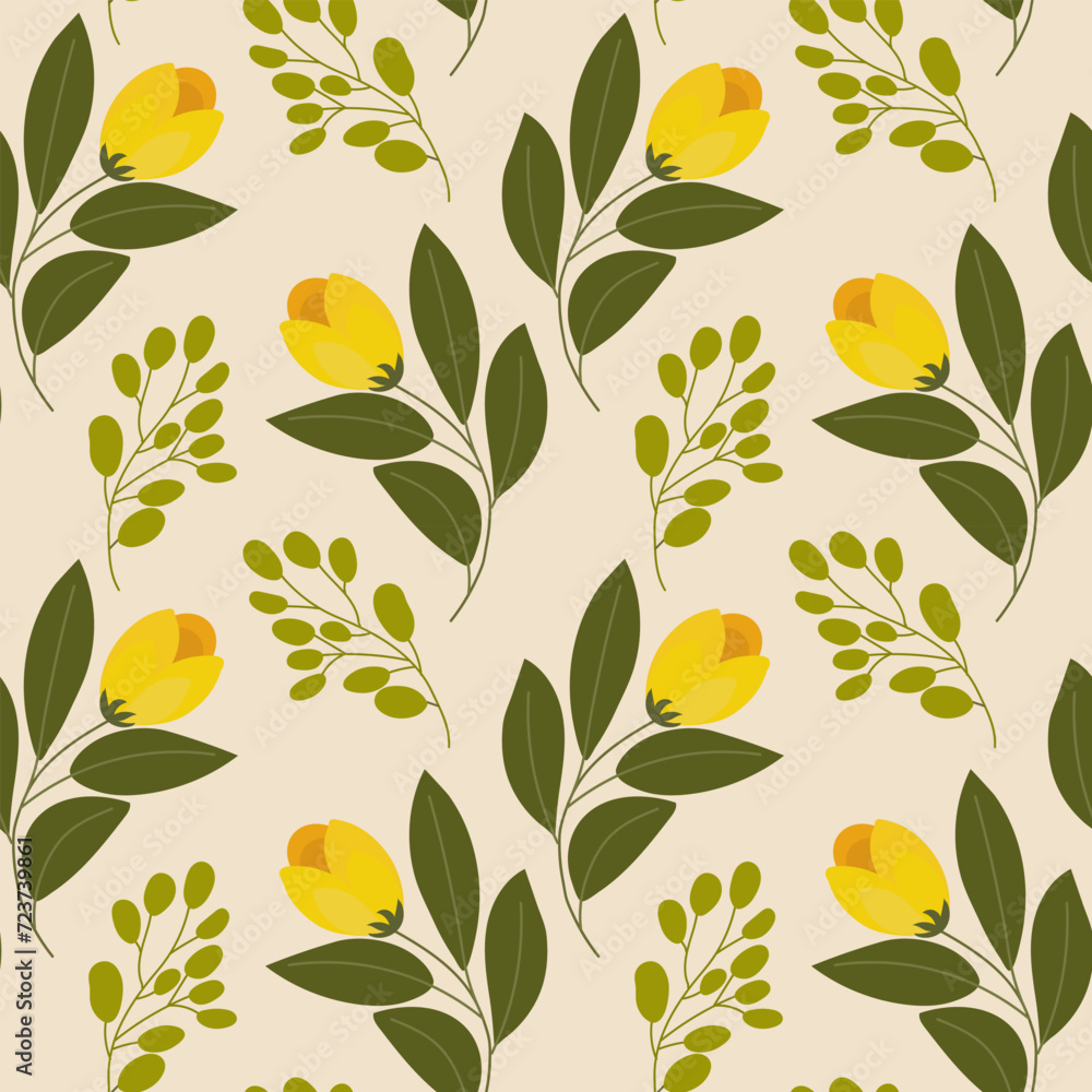 Seamless pattern, yellow tulip flowers and twigs with leaves on a light green background. Floral background, textile, vector. Seamless pattern, yellow tulip flowers and twigs with leaves on a light green background. Floral background, textile, vector.