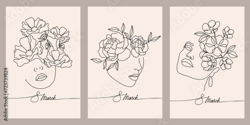 Set of posters for International Women's Day, portraits of women with flowers. Line art, black outline with pastel colors. Wall art, postcards